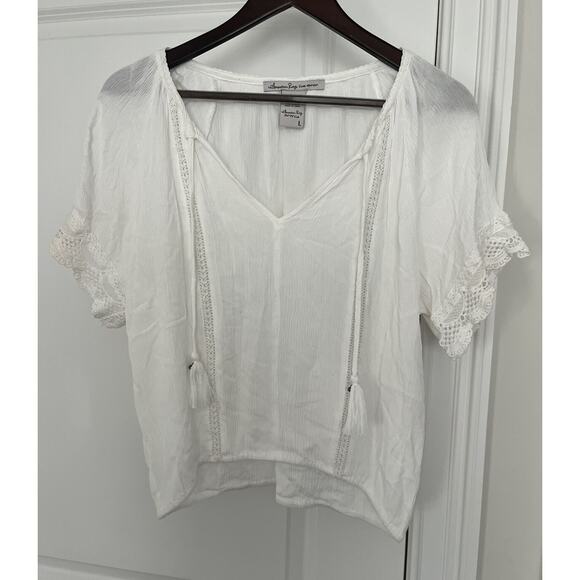 American Rag Lace Mix Peasant Top size L white - Picture 3 of 9